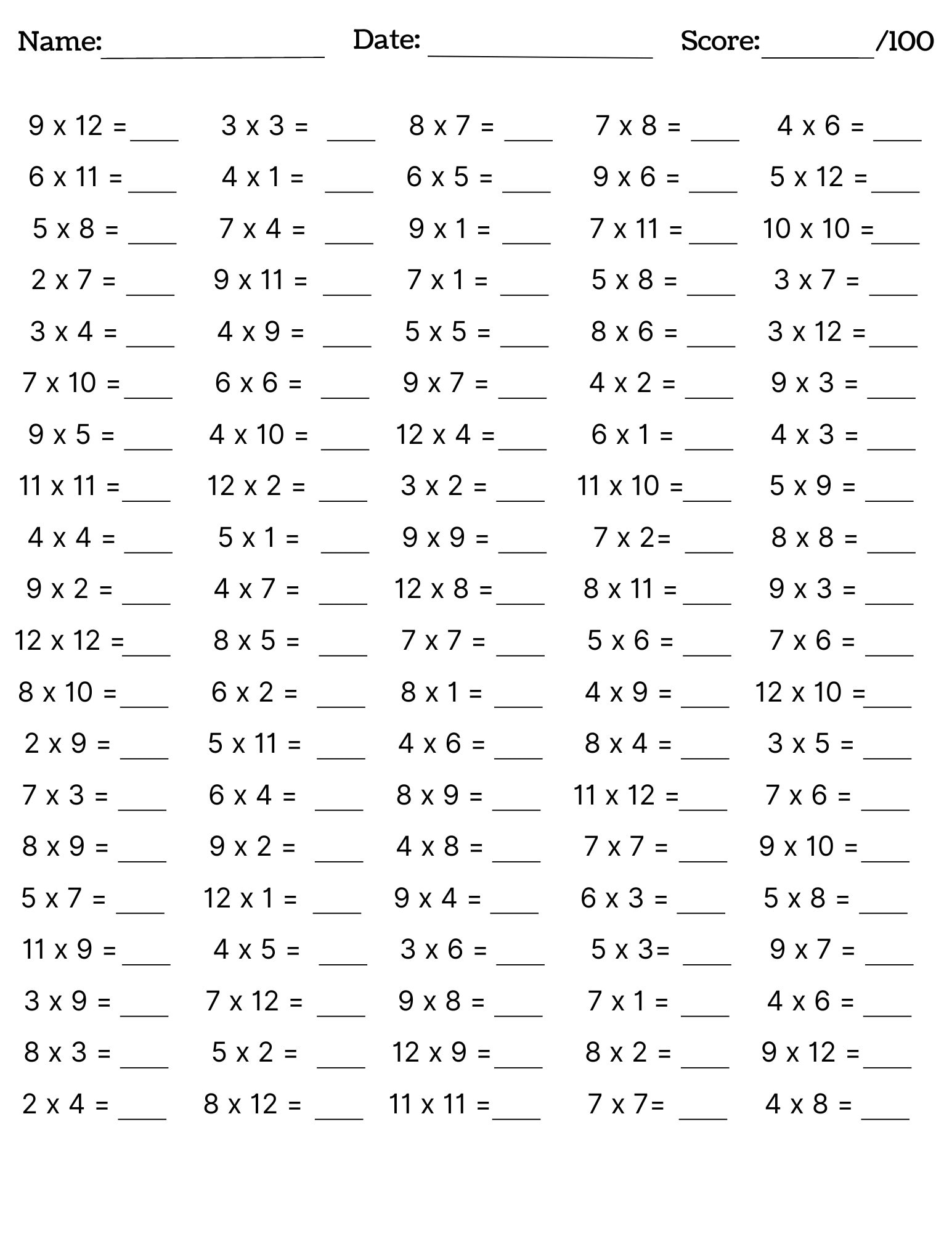 10 Printable Multiplication Worksheets Fill In The Blanks Single Digit Multiplication numbers 1 12 Maths Drills Answers Included Etsy UK