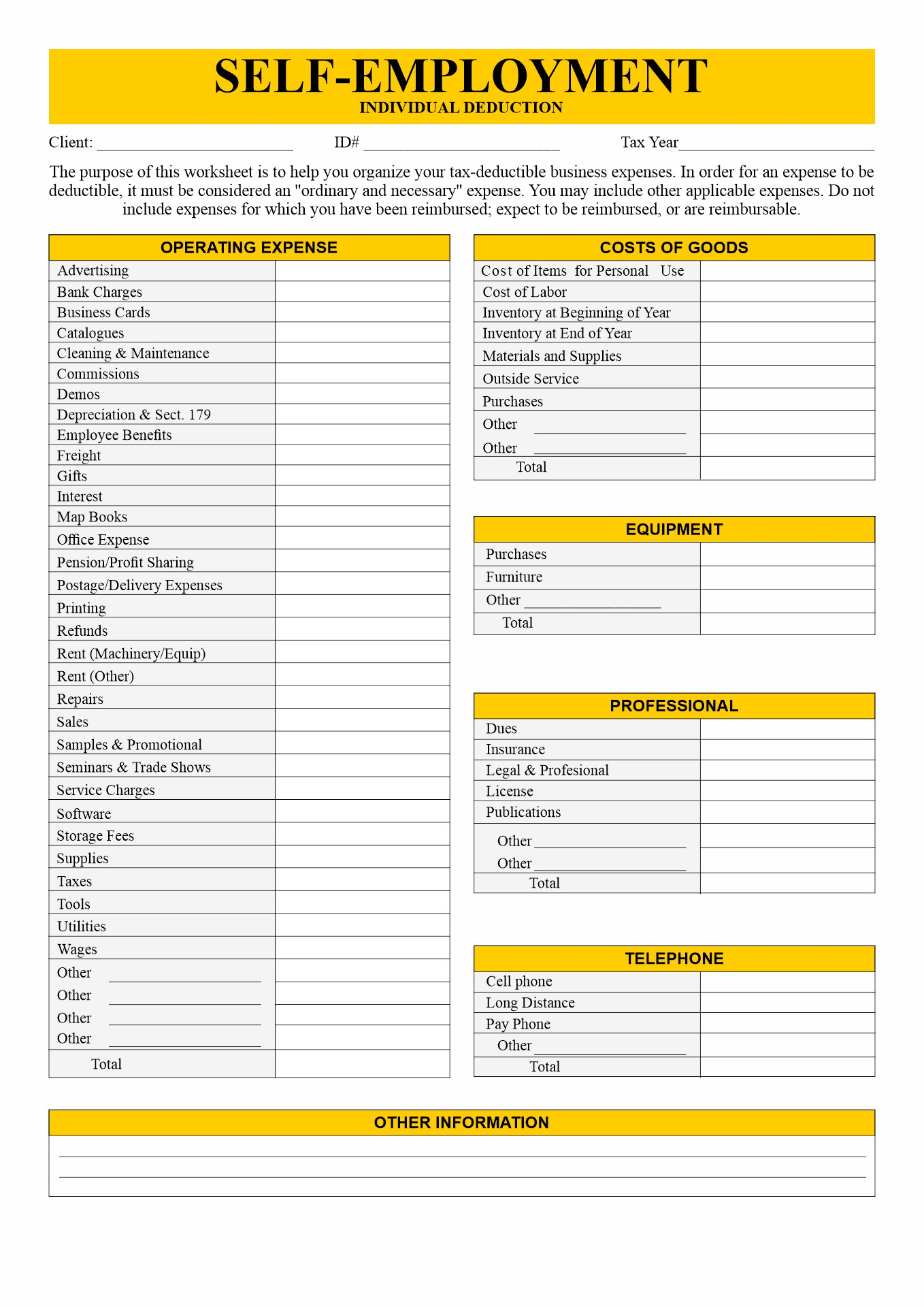 Small Business Expenses Printable Self Employed Tax Deductions Worksheet