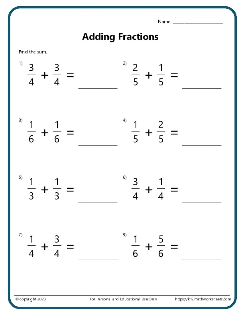 Fractions Worksheets Printable