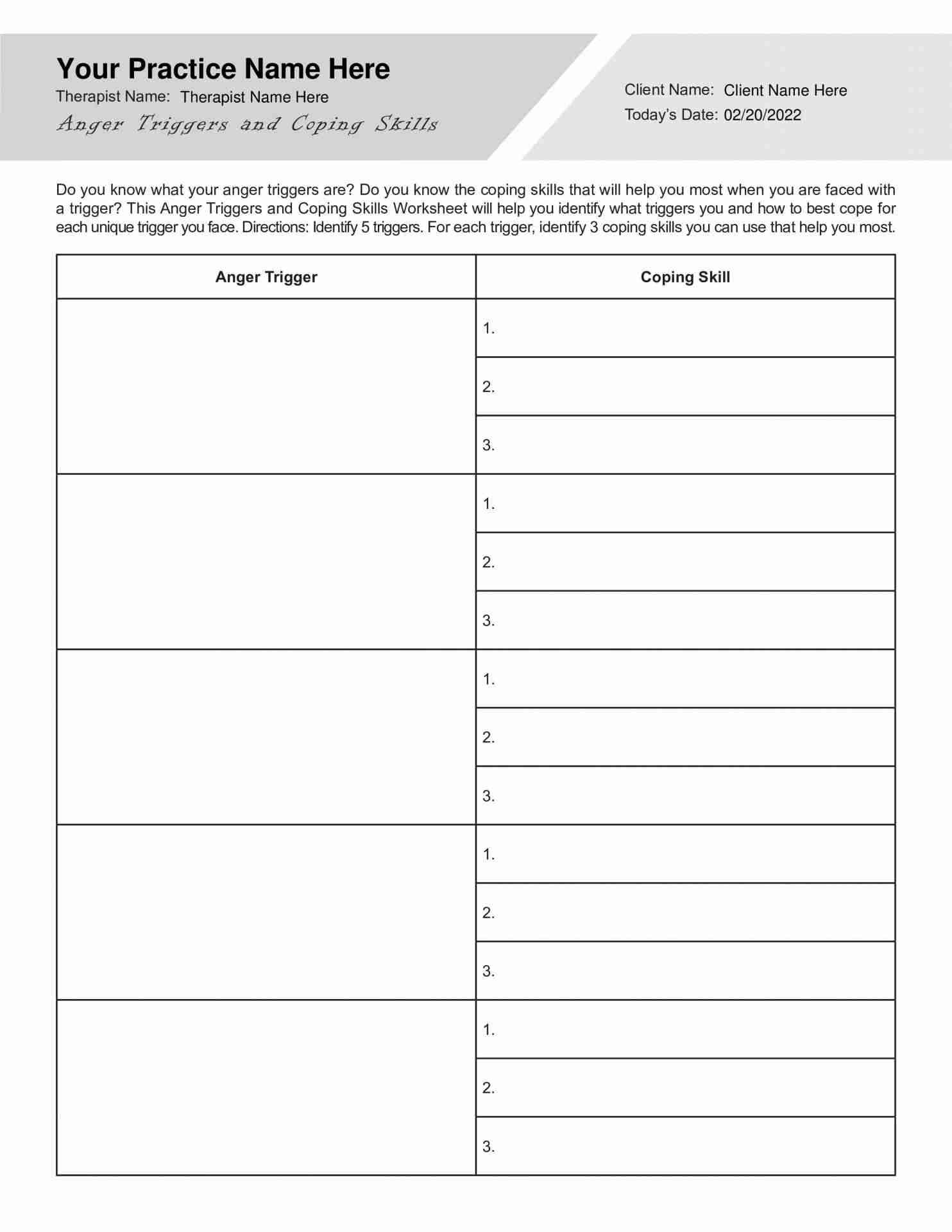 Anger Triggers And Coping Skills Worksheet PDF 
