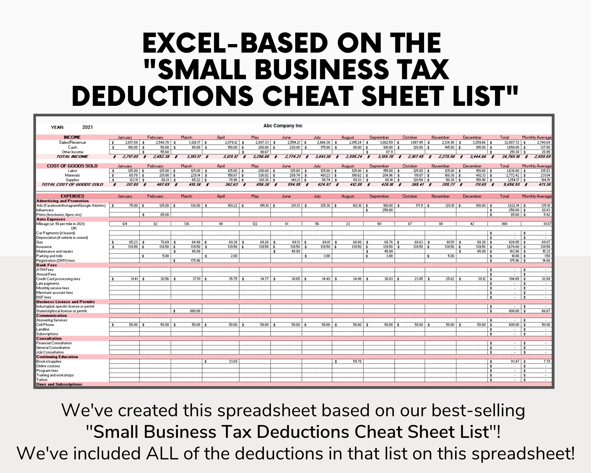 Business Tax Deductions Cheat Sheet Excel In PINK Tax Write Offs List Side Hustle Tax Deductions Tax Tips Small Business Etsy