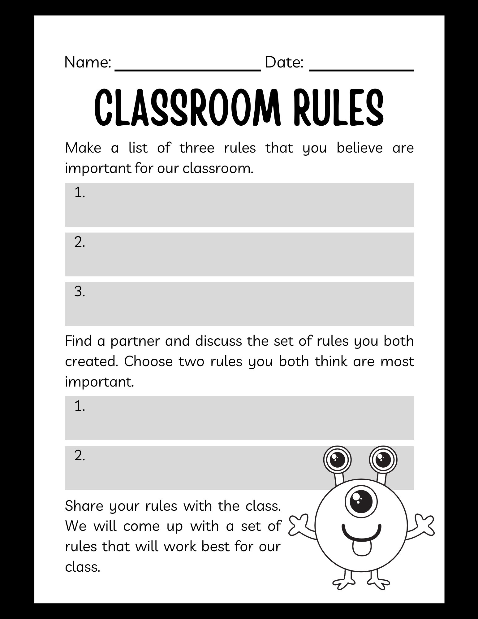 Classroom Rules Worksheet School Worksheet Class Handout Cute Alien Student Engagement Digital Printable Sheet Etsy UK
