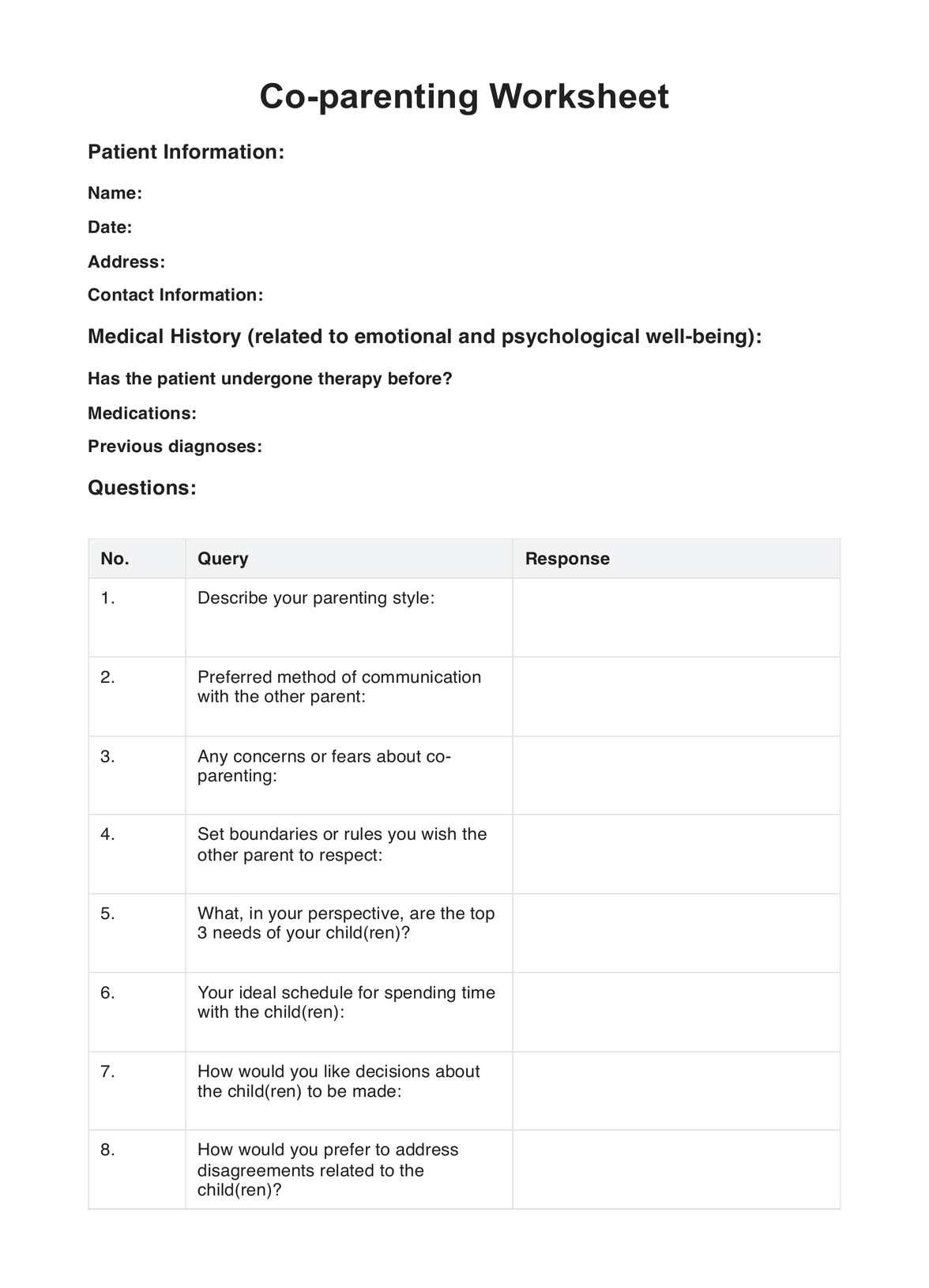 Co parenting Worksheets Example Free PDF Download