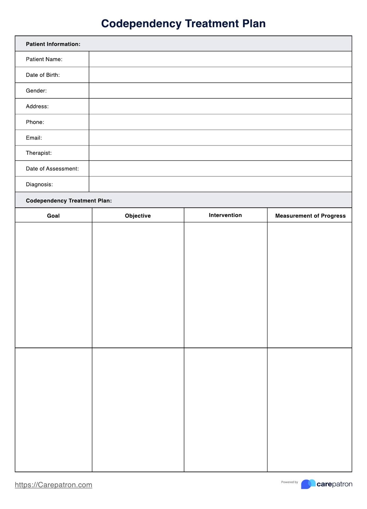 Codependency Treatment Plan Example Free PDF Download