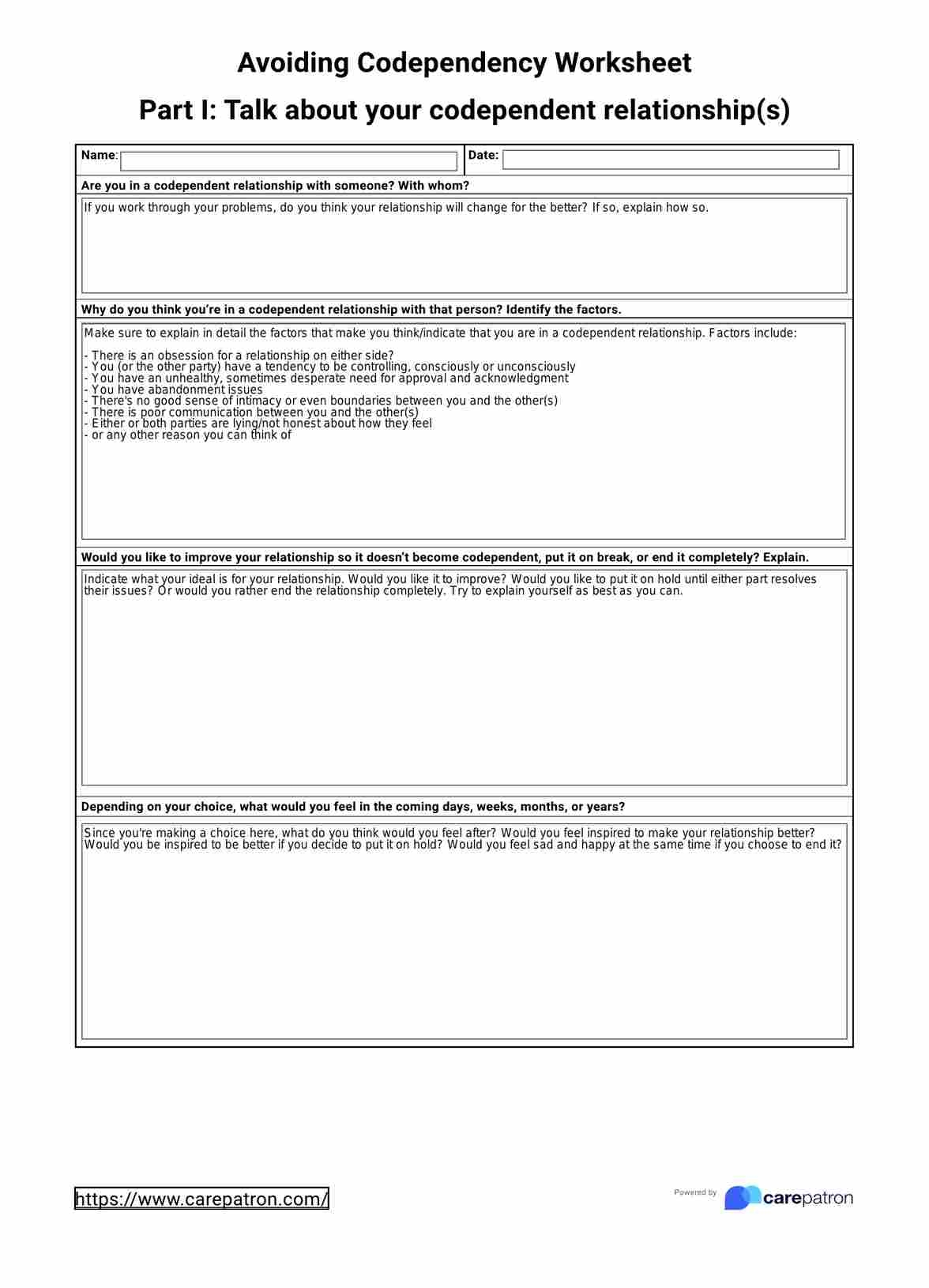 Codependency Worksheets Example Free PDF Download