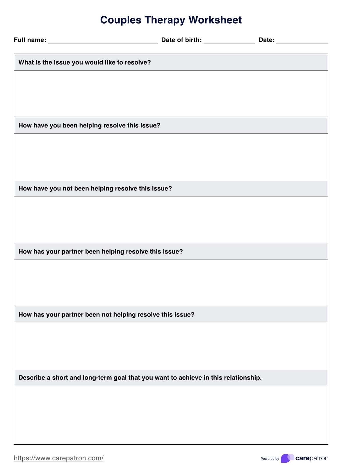 Couples Therapy Worksheet Template Example Free PDF Download