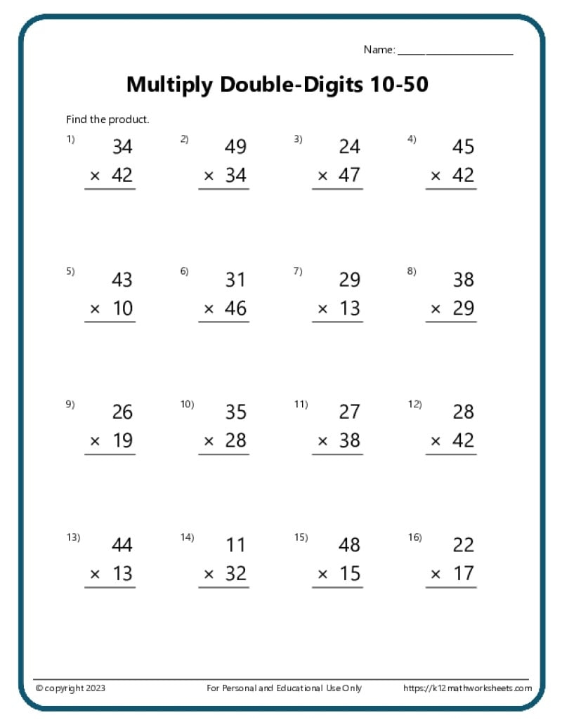 Double Digit Multiplication Worksheets
