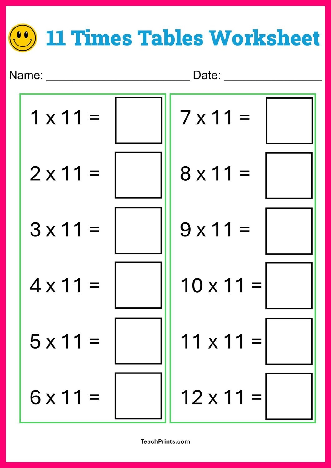 Free 11 Times Tables Worksheets 8 Versions Teach Prints