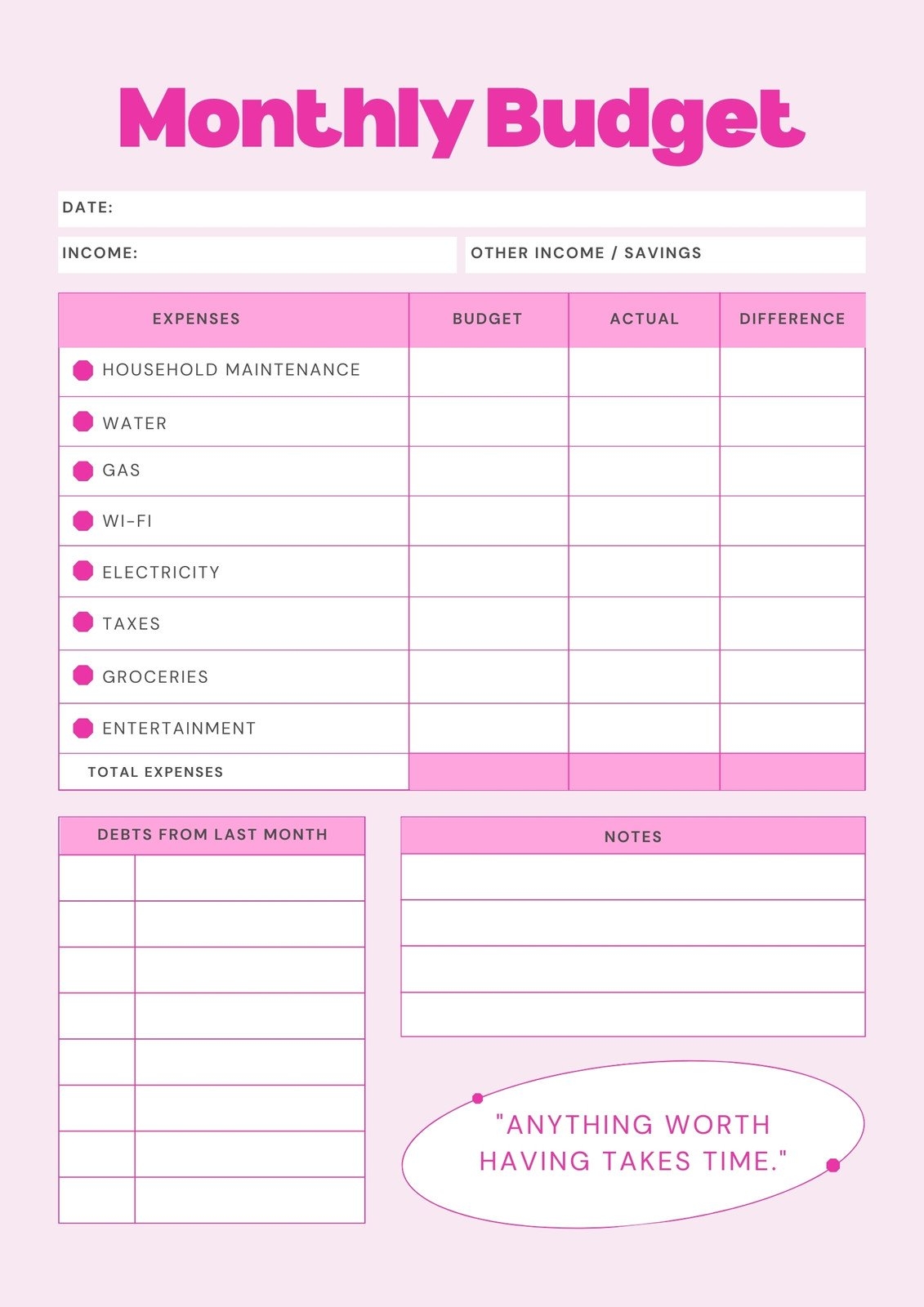 Easy Budget Worksheet Printable