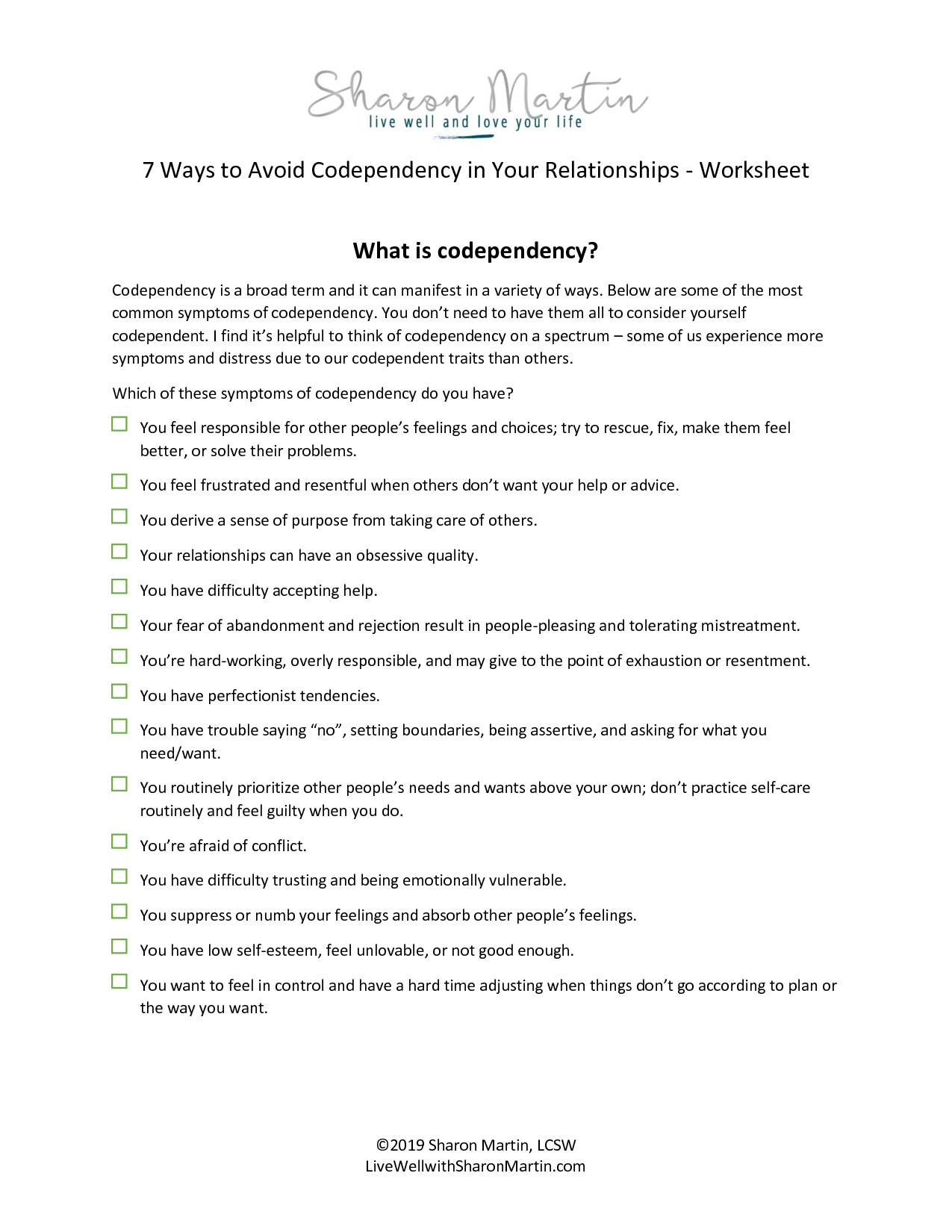 Free Codependency Worksheets Live Well With Sharon Martin Worksheets Library