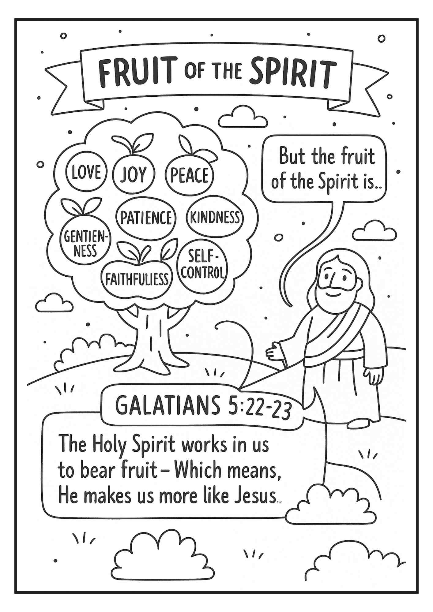 Fruit Of The Spirit Printable Coloring Page Galatians 5 22 23 Activity For Kids Free Bible Worksheets