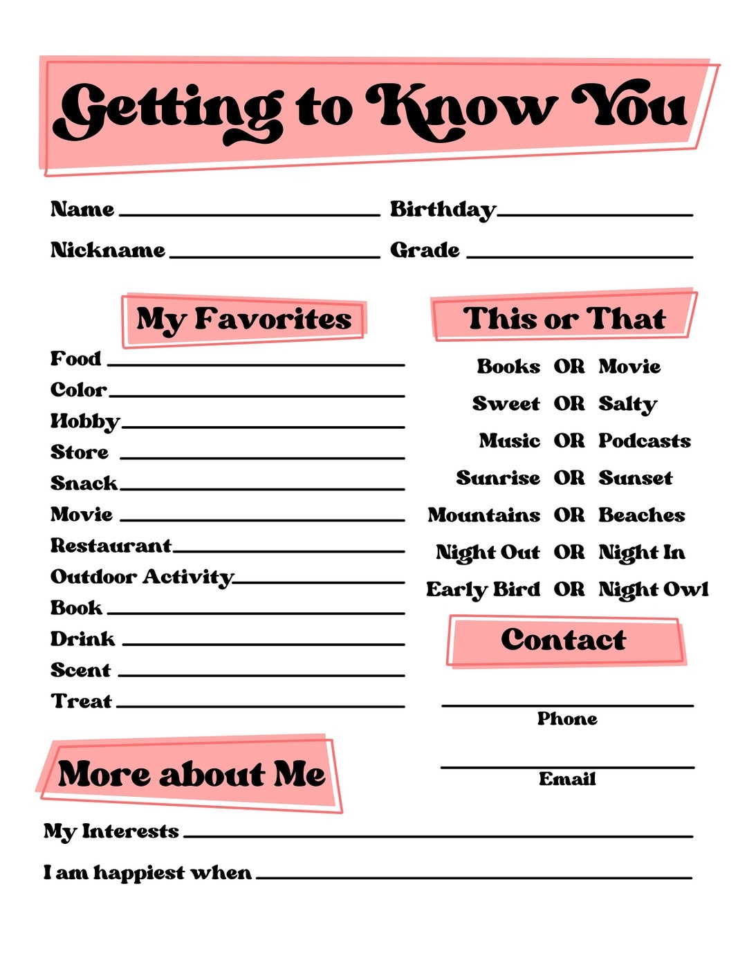 Get To Know You Getting To Know You Page Get To Know You Printable All About Me Etsy Canada