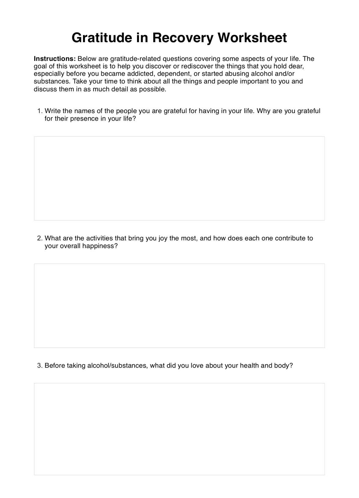 Gratitude In Recovery Worksheet Example Free PDF Download