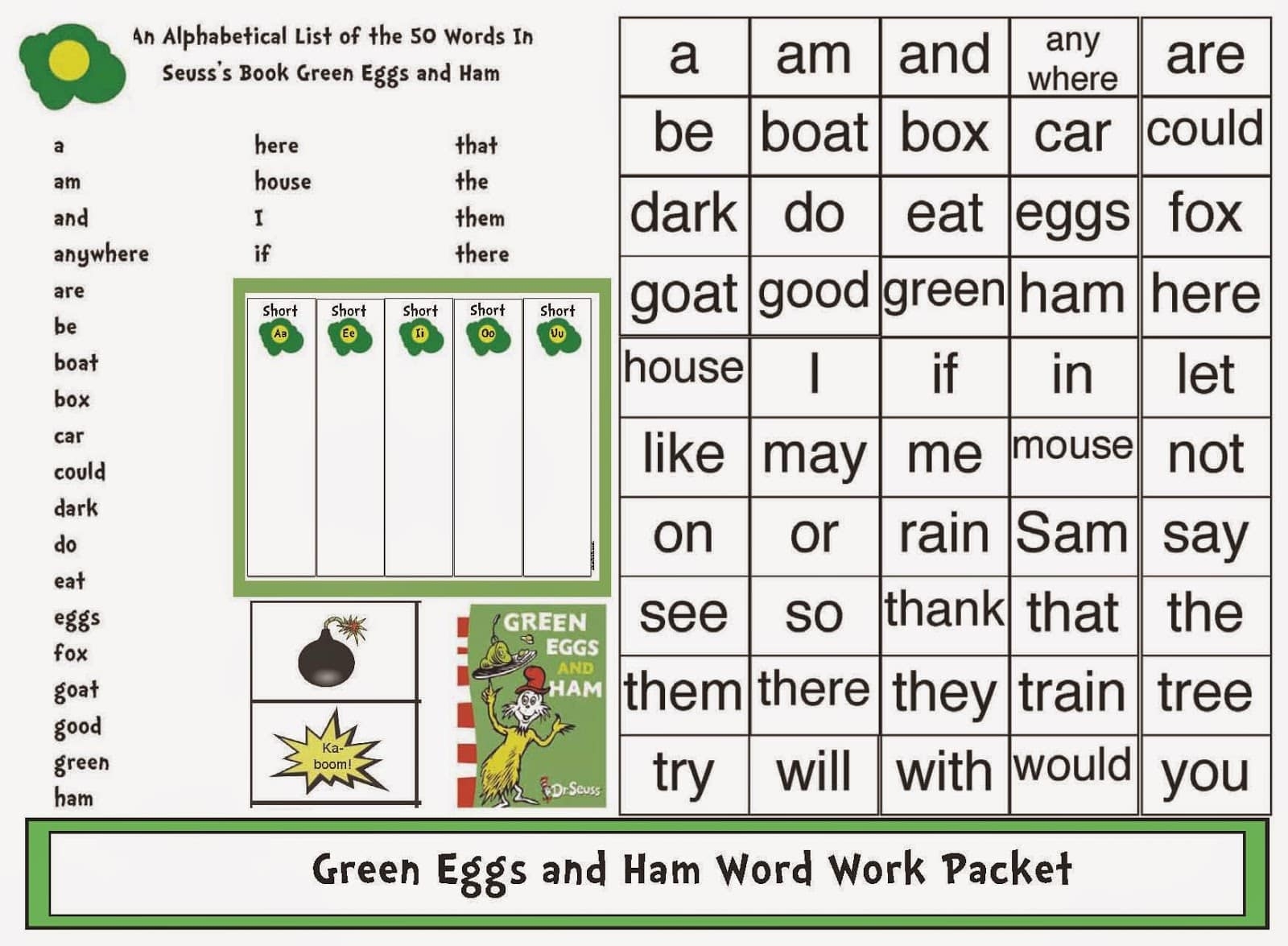 Green Eggs Ham Word Work Packet Classroom Freebies