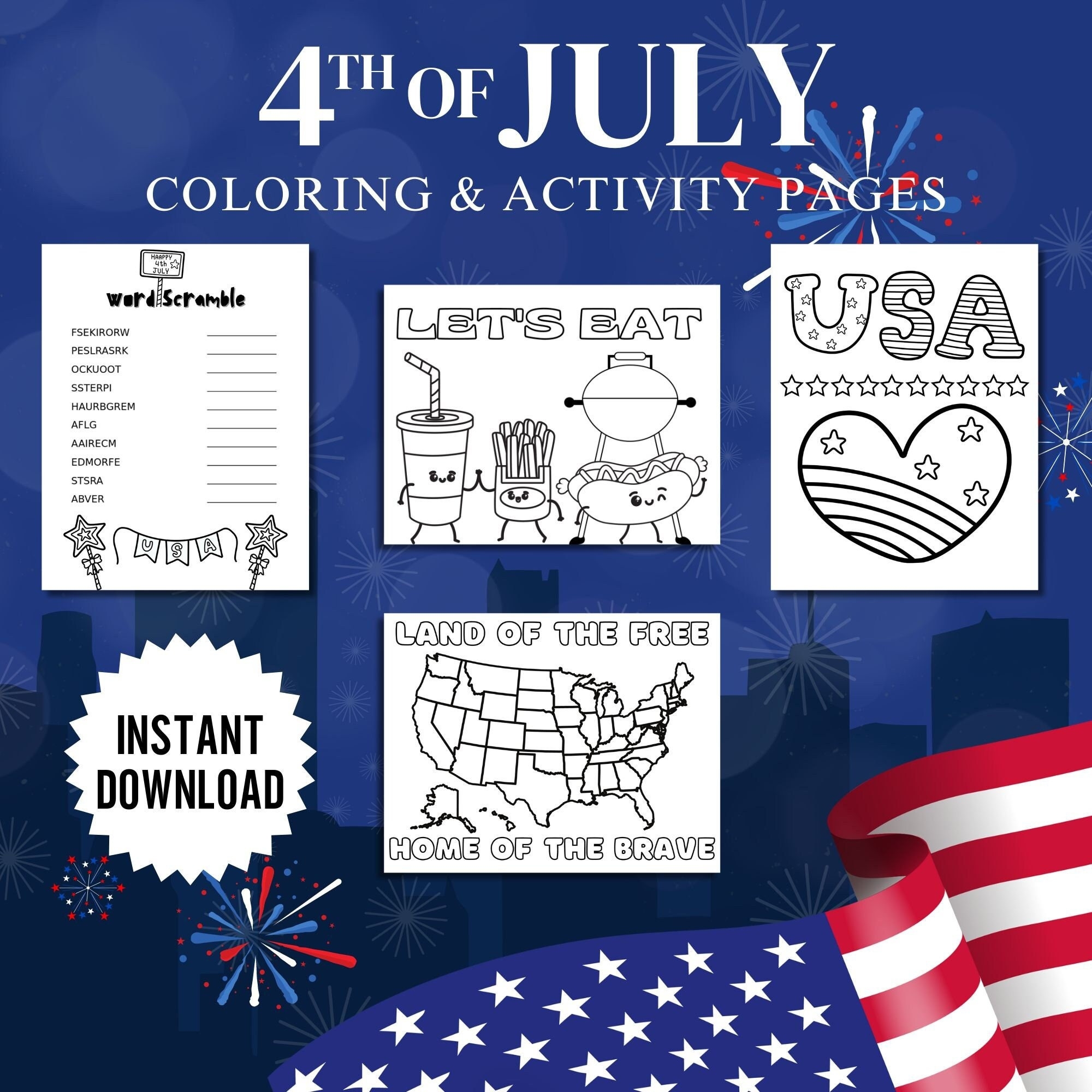 July 4th Coloring Activity Pages 4th Of July Printable Activities patriotic Coloring word Scramble Printable firework word Search party Game Etsy