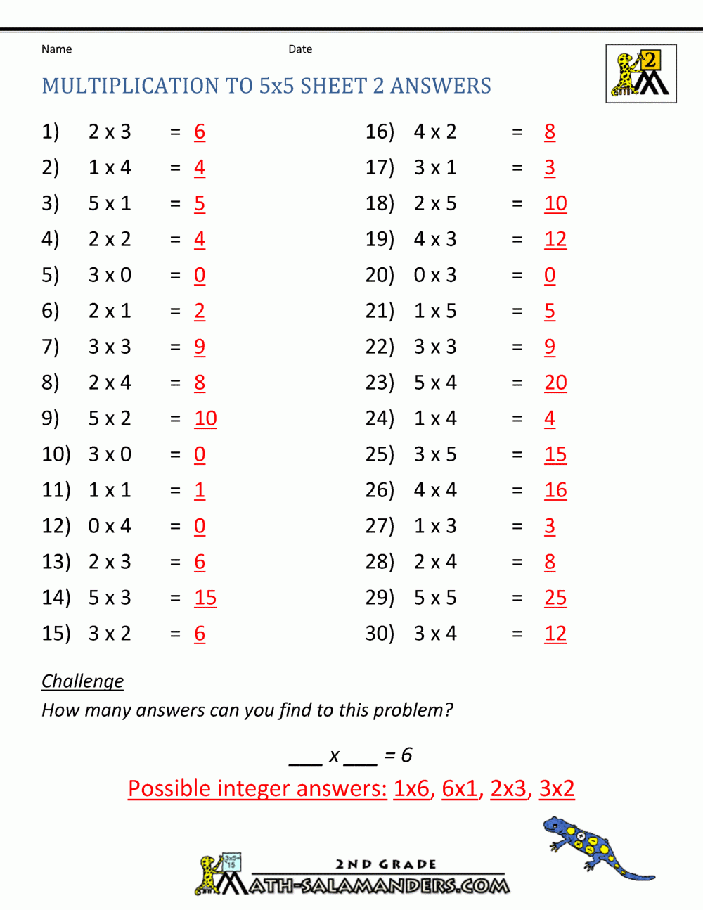 Multiplication Practice Worksheets To 5x5
