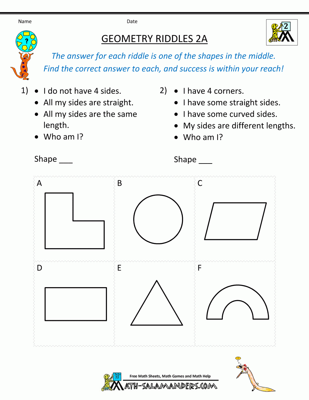 Printable Geometry Worksheets Riddles