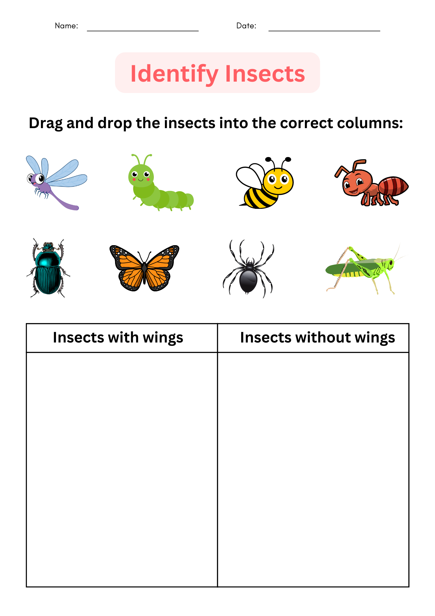 Printable Insects Worksheet For Kindergarten Identify And Matching For Grade 1 Made By Teachers