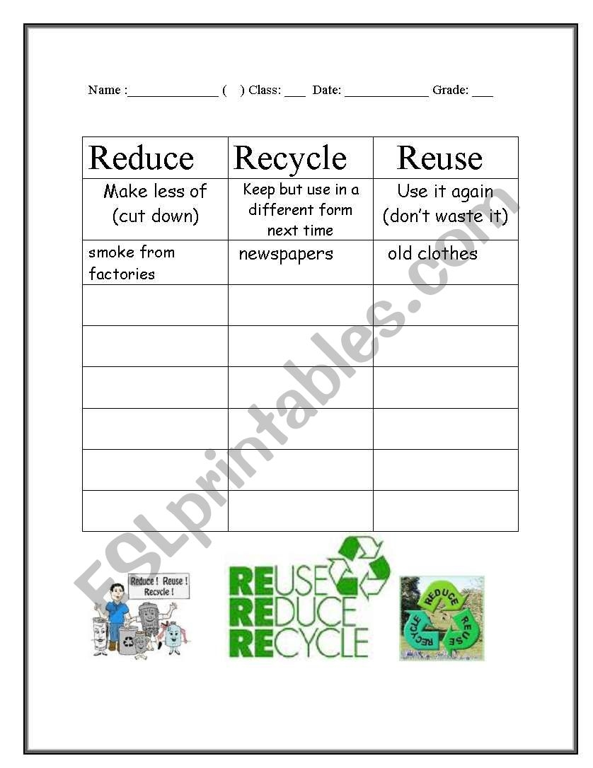 Reduce Reuse And Recycle ESL Worksheet By HuangJason