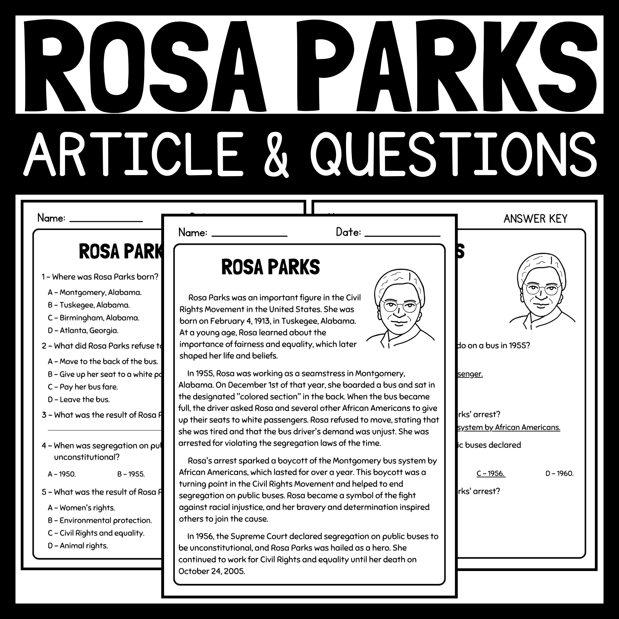Rosa Parks Article And Reading Comprehension Questions Women s History Month Made By Teachers
