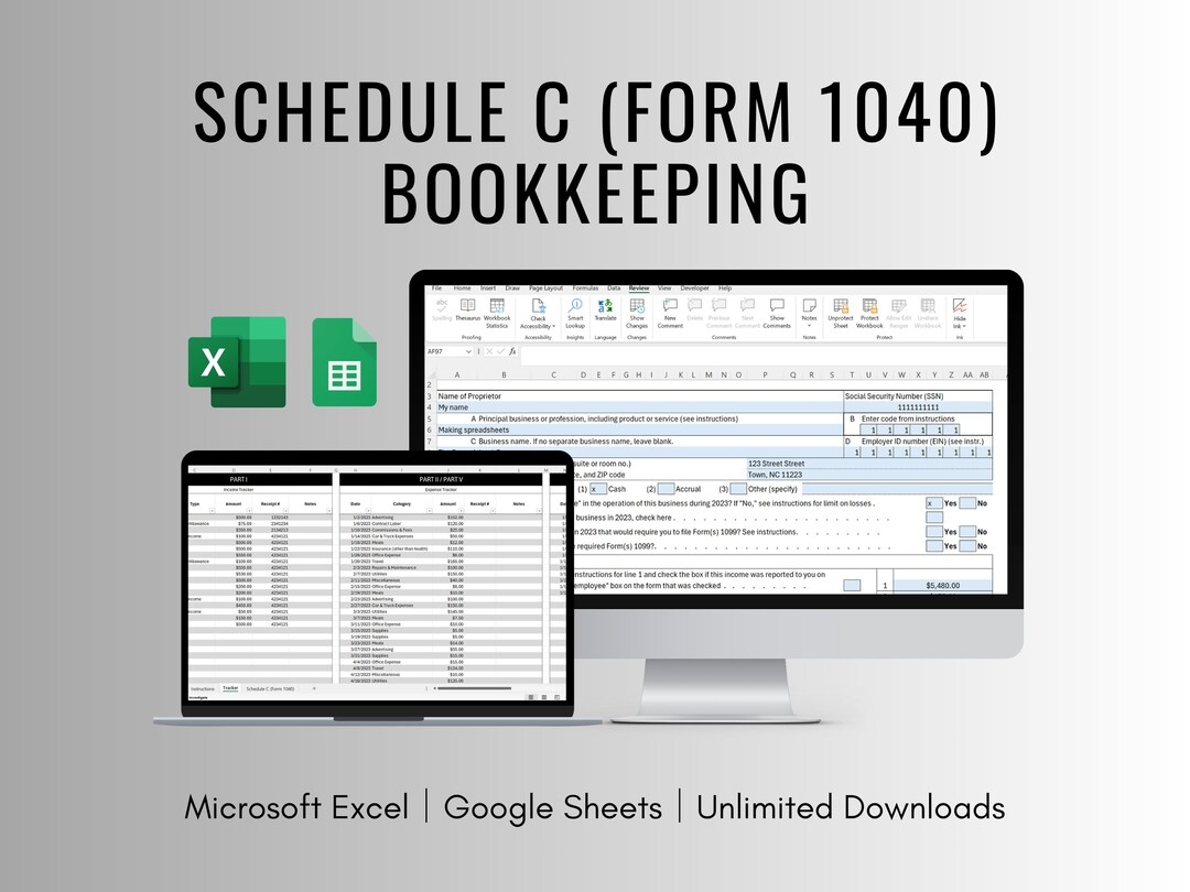 Schedule C Form 1040 Bookkeeping Spreadsheet For Excel And Google Sheets Accounting Spreadsheet For Self Employment Form 1040 Accounting Etsy