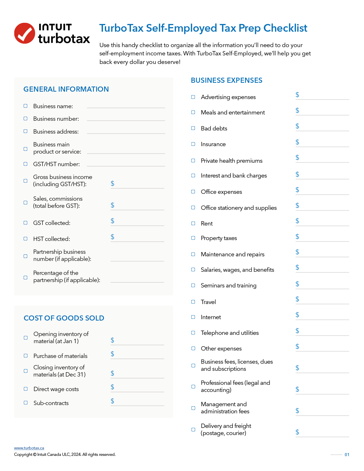 Self Employed Tax Prep Checklist Download 2024 TurboTax Canada Tips