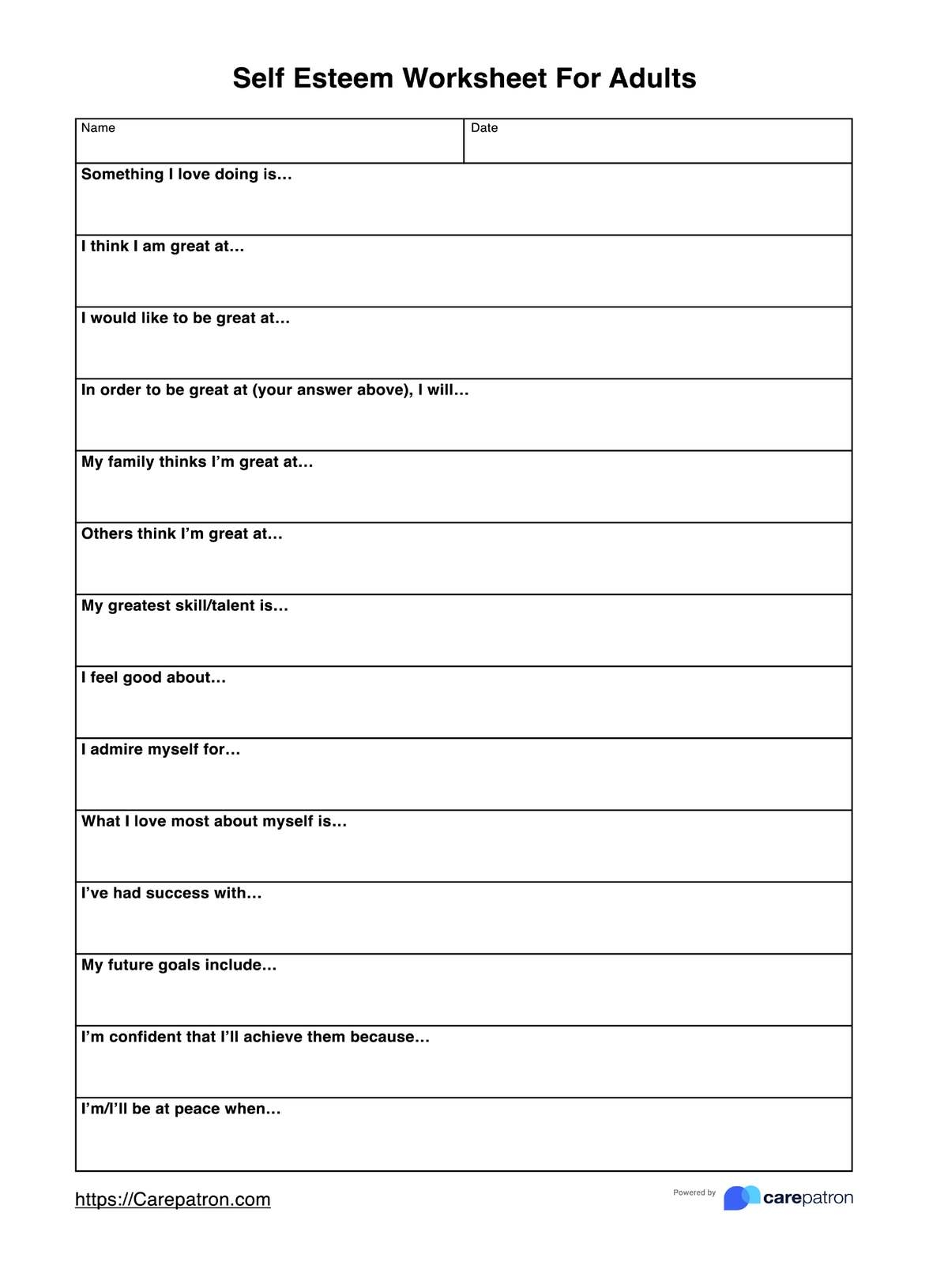 Self Esteem Worksheet For Adults Example Free PDF Download