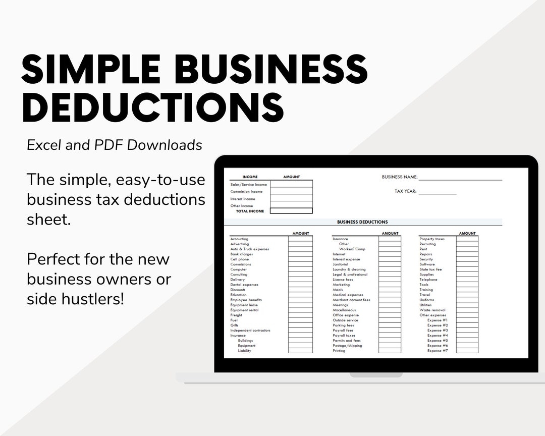 Simple Business Deductions Excel PDF Tax Deductions List For Side Hustles The Self Employed Home based Business Business Tax Prep Etsy
