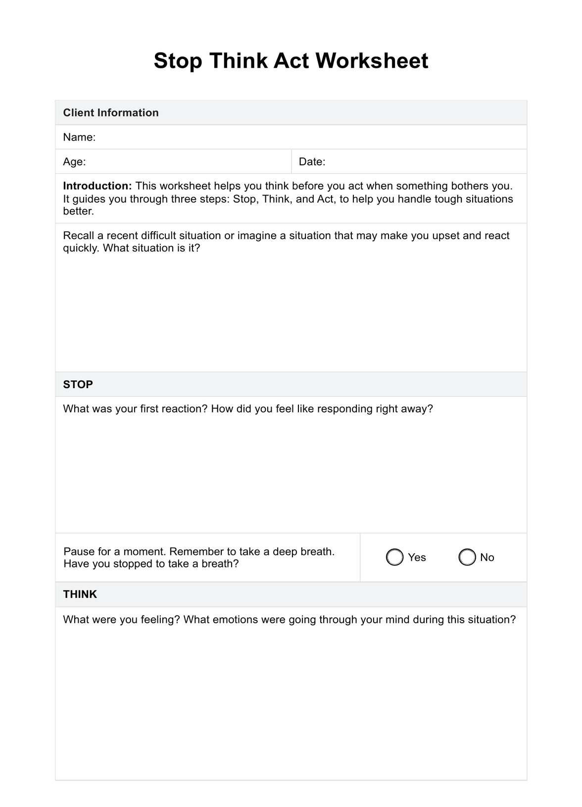 Stop Think Act Worksheet Example Free PDF Download