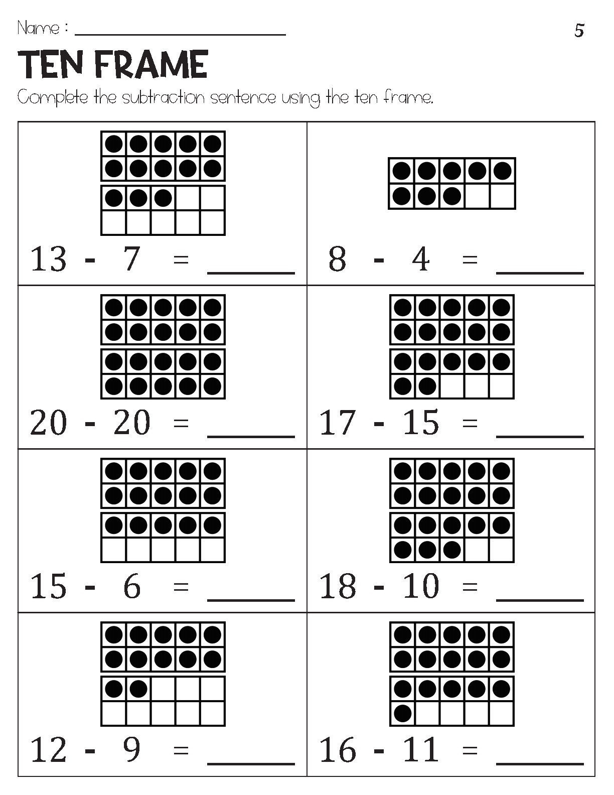Subtraction Within 20 With Ten Frame Pictures Worksheets Etsy UK