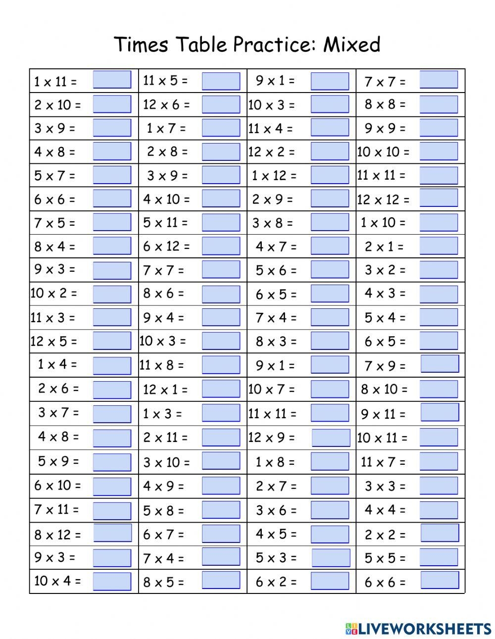 Times Table Practice Mixed 1 12 Worksheet Live Worksheets Worksheets Library