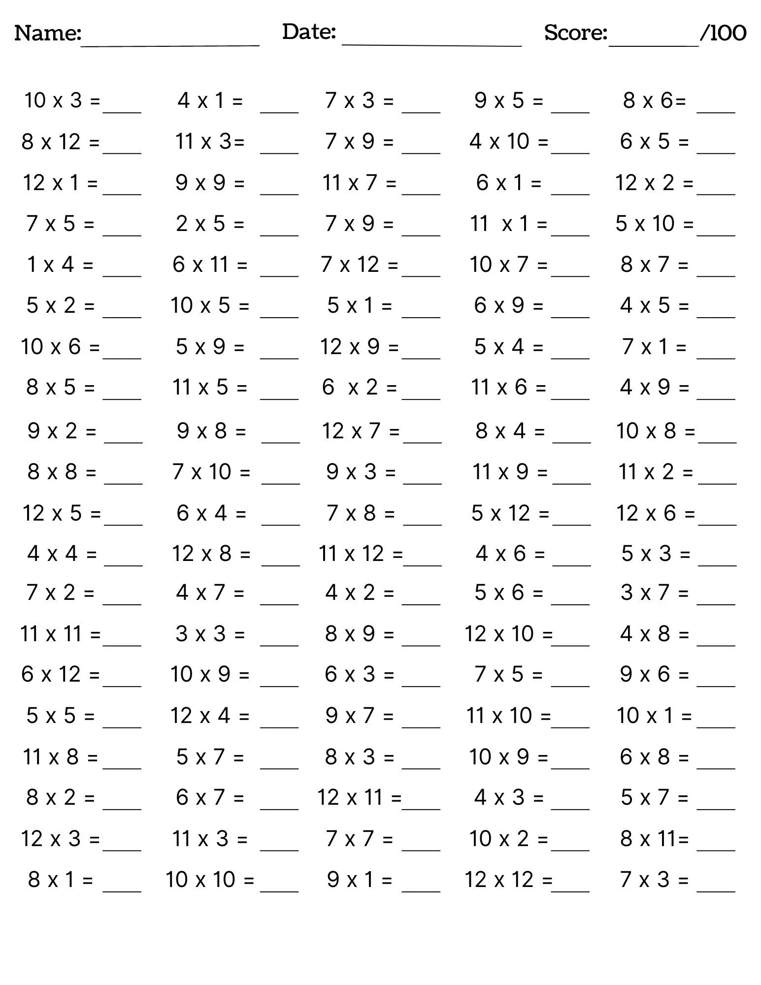 10 Printable Multiplication Worksheets Fill In The Blanks Single Digit Multiplication numbers 1 12 Maths Drills Answers Included Etsy Australia