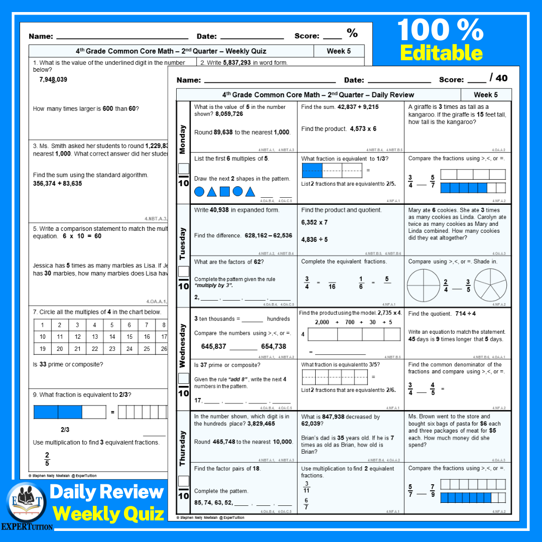 4th Grade Math Spiral Review Worksheets Quarter 2 Made By Teachers