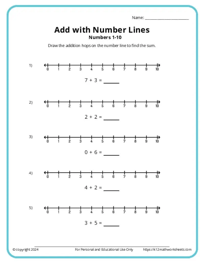 Add With Number Lines K12 Math Worksheets Add With Number Lines K12 Math Worksheets