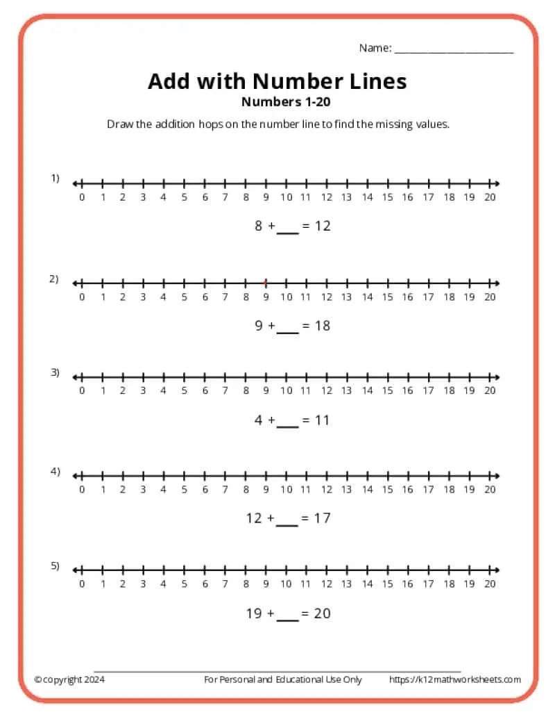 Add With Number Lines K12 Math Worksheets