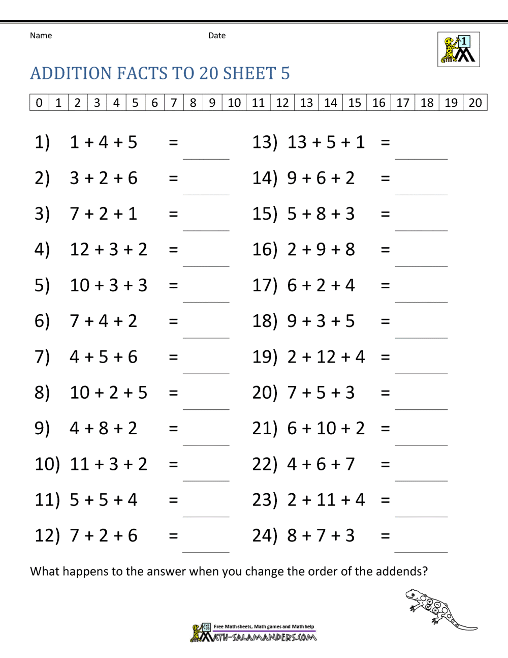 Addition Facts To 20 Worksheets