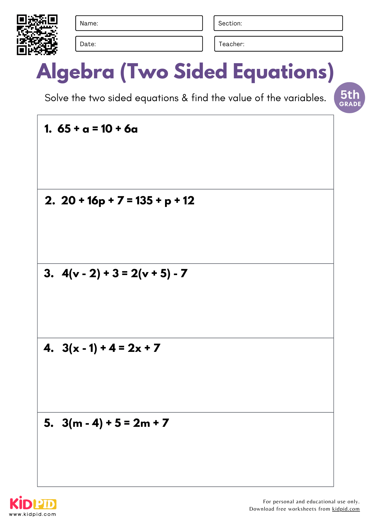 Algebra 2 Sided Equations Worksheet For Grade 5 Kidpid