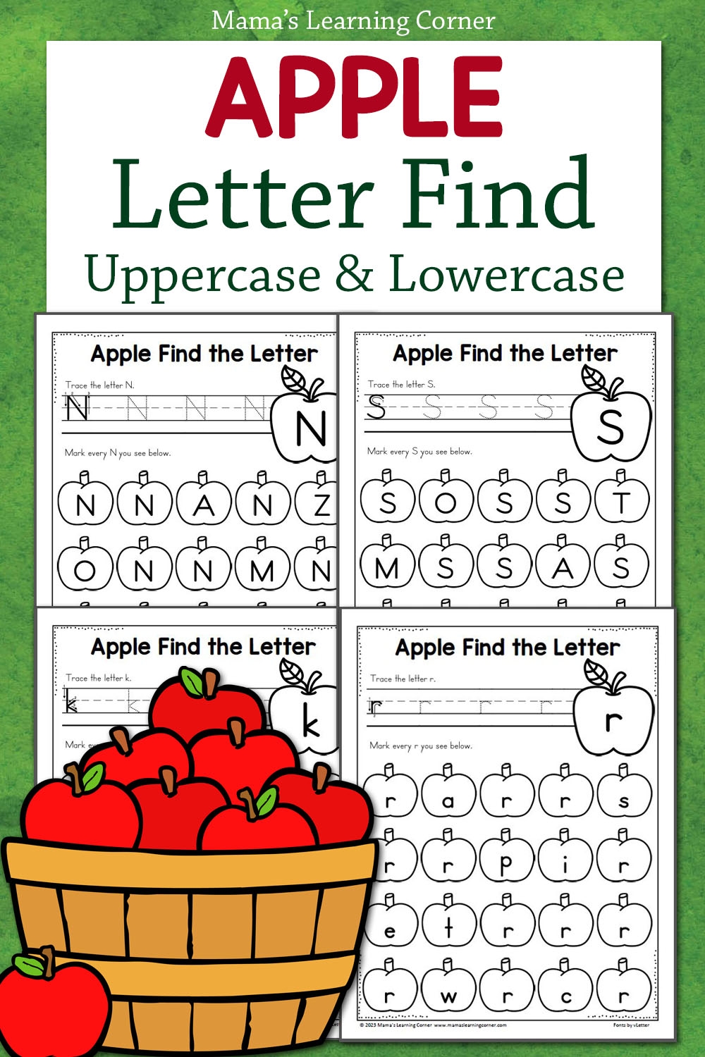 Apple Find The Letter Worksheets Uppercase And Lowercase Mamas Learning Corner