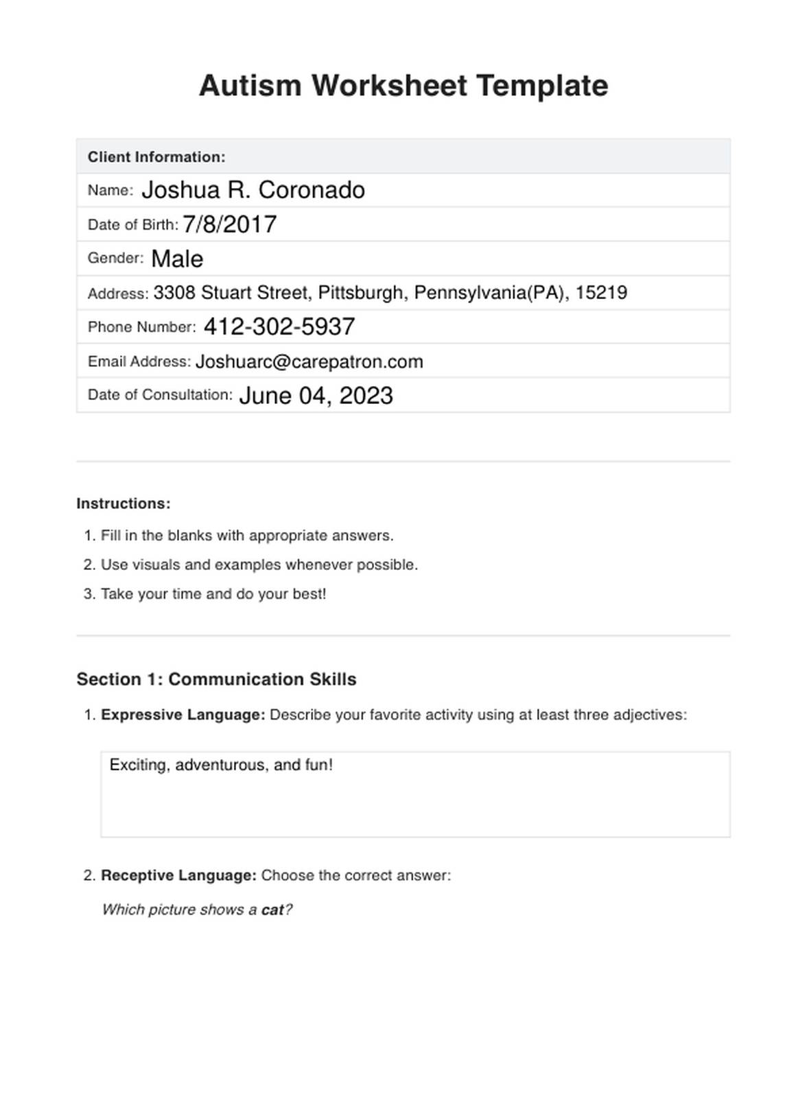 Free Printable Worksheets For Autistic Students