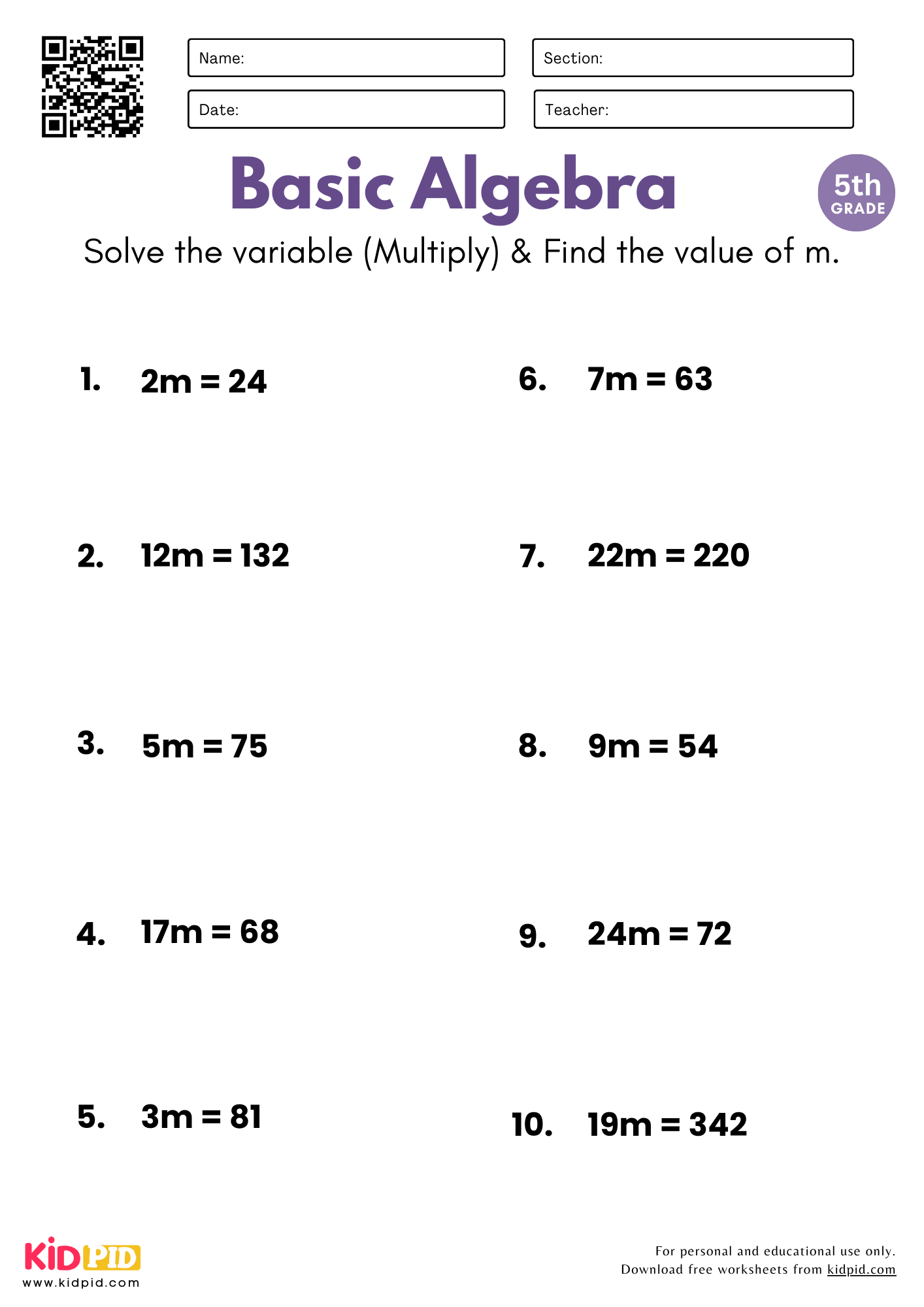 Basic Algebra By Multiply Worksheet For Grade 5 Kidpid
