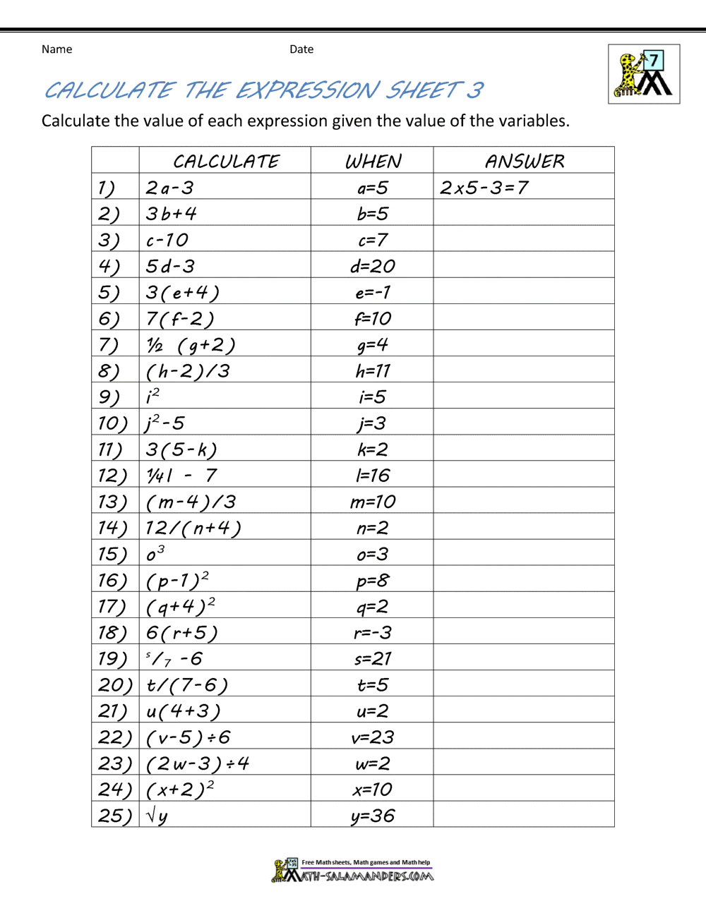 Basic Algebra Worksheets