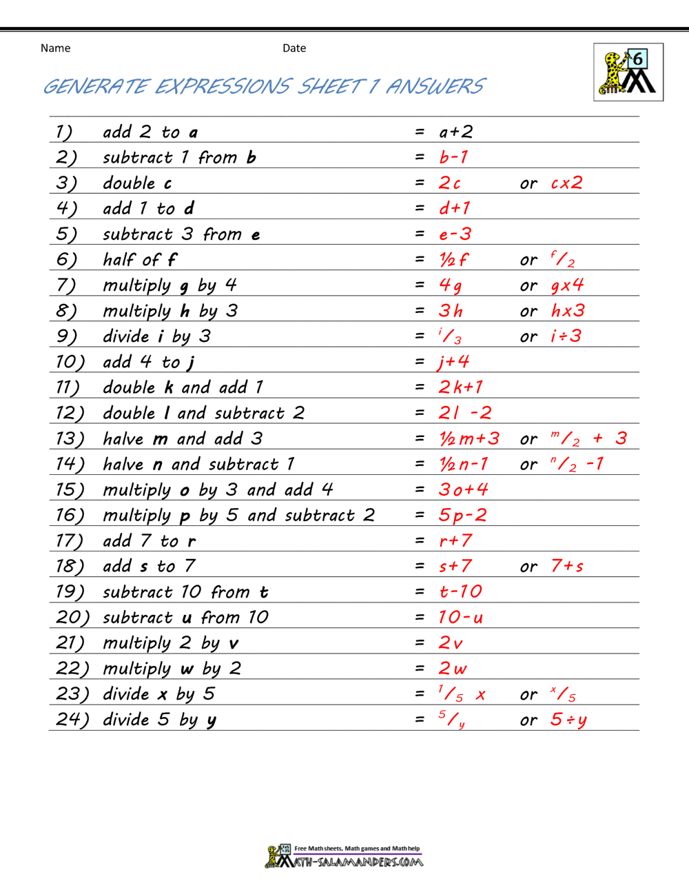 Free Printable Algebra Worksheets