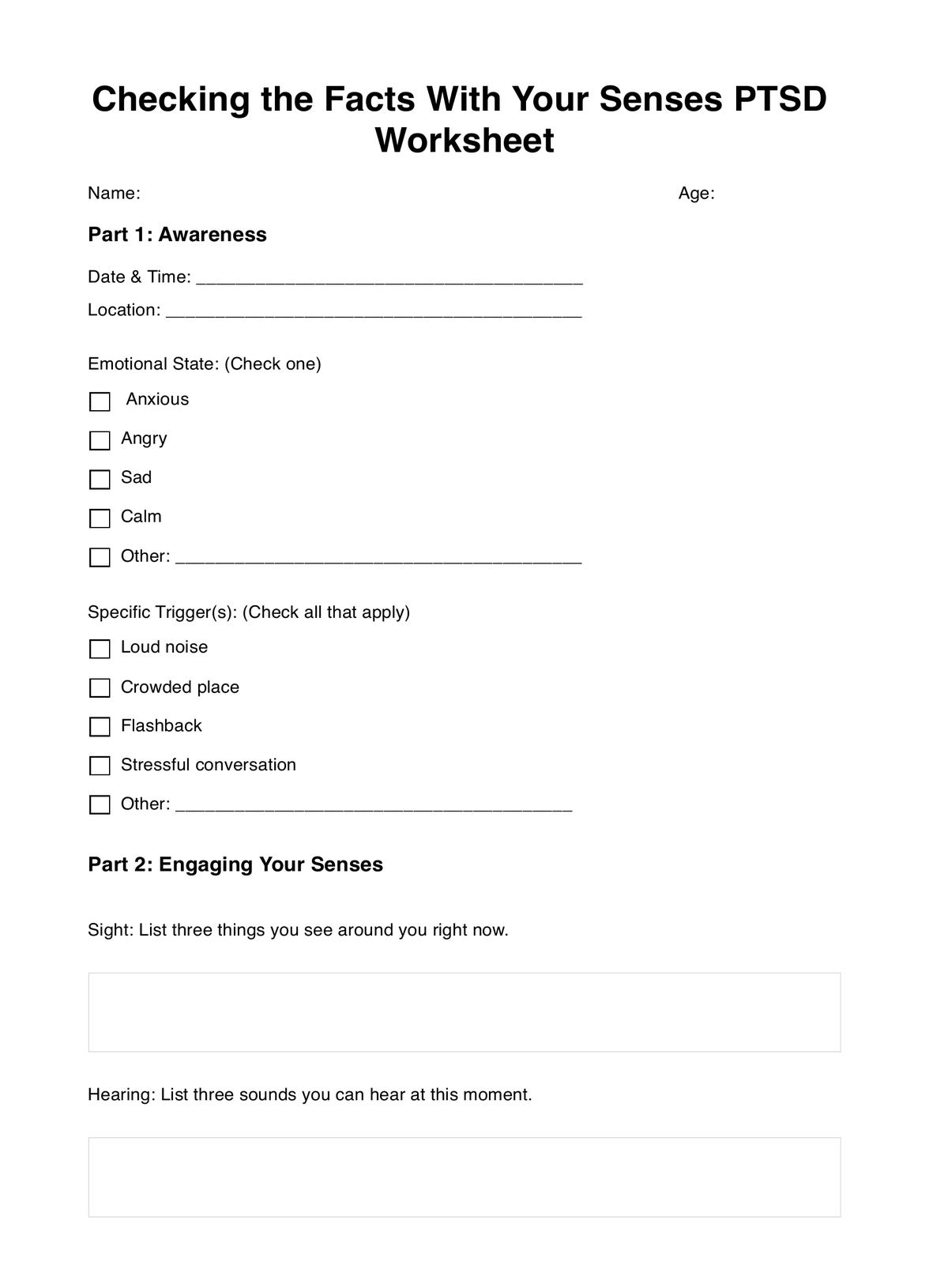 Checking The Facts With Your Senses PTSD Worksheet Example Free PDF Download