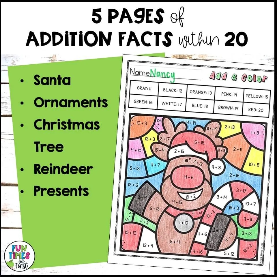 Christmas Color By Number Math Worksheets Addition And Subtraction Within 20 Fun Times In First