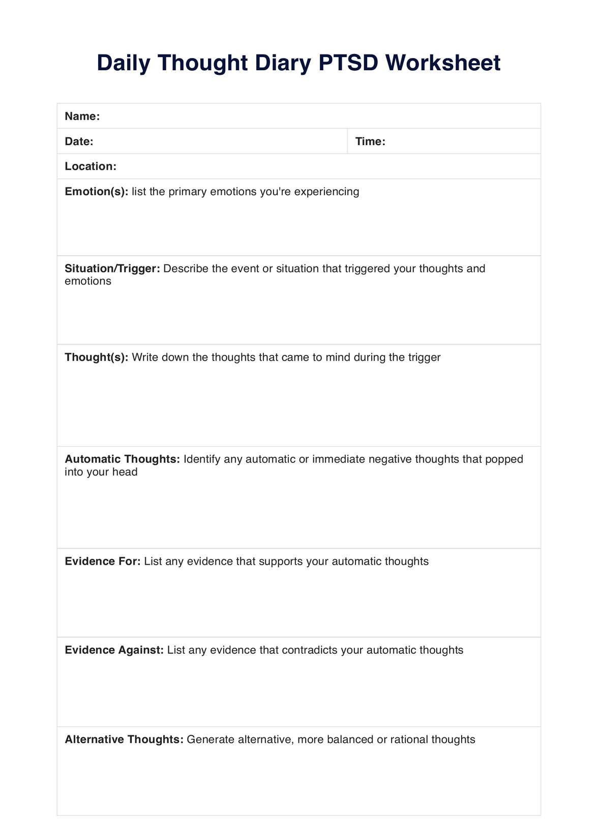 Daily Thought Diary PTSD Worksheet Example Free PDF Download