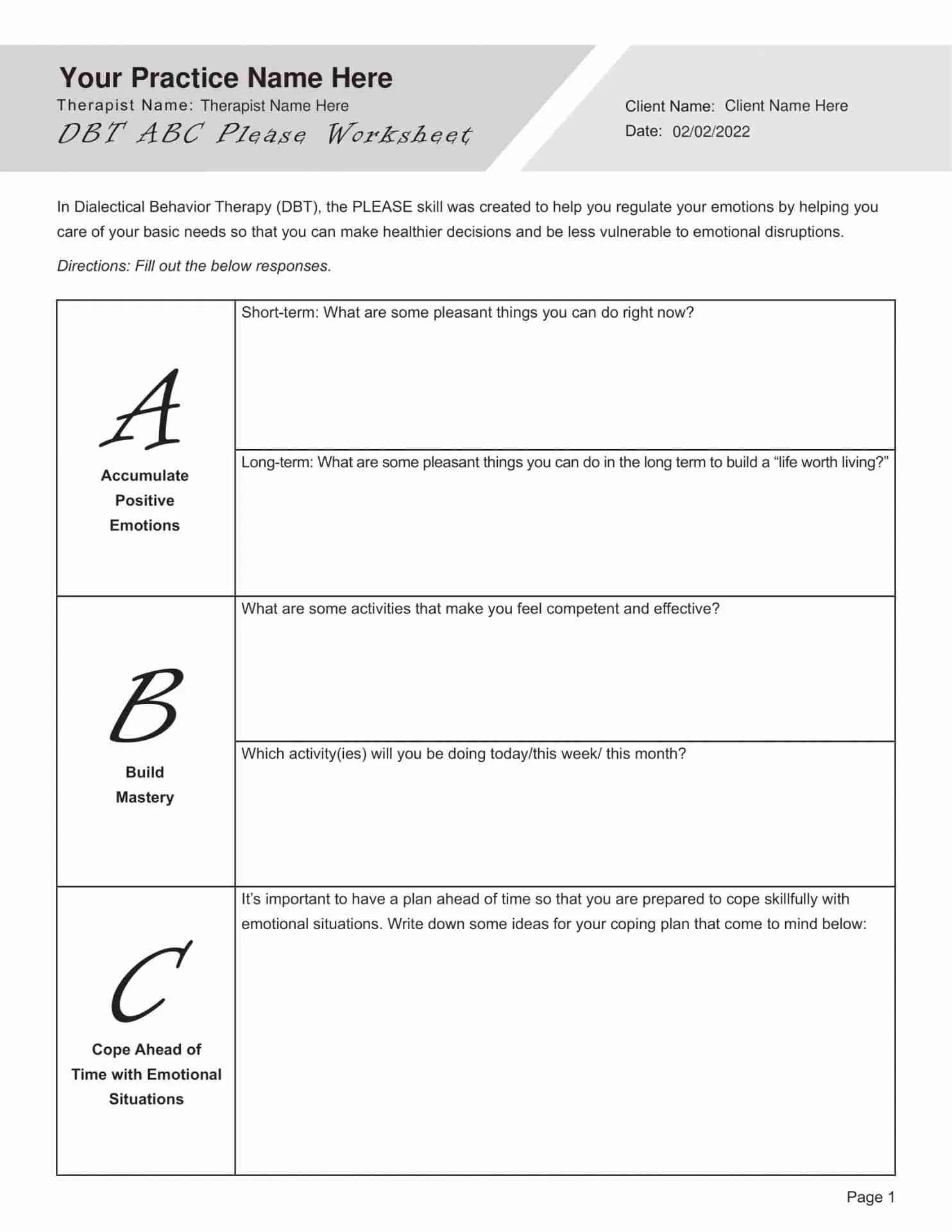 Dbt Printable Worksheets
