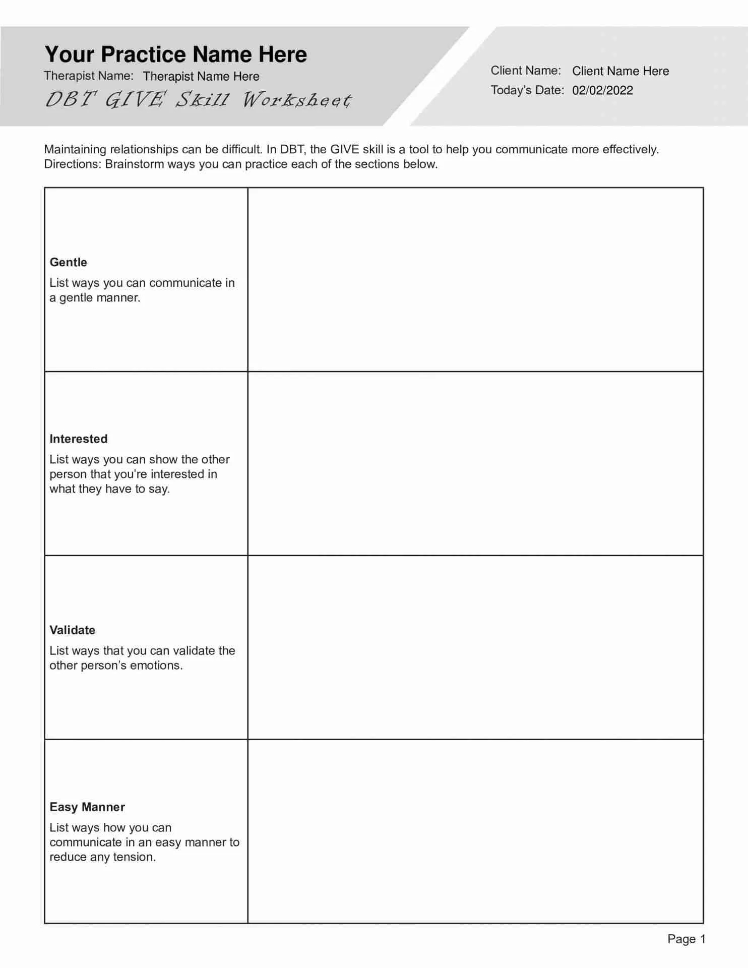 DBT GIVE Skill Worksheet PDF 