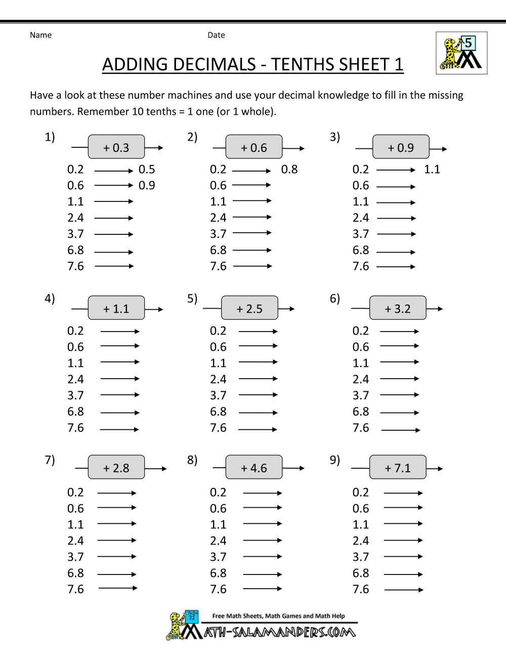 Free Printable Decimal Worksheets