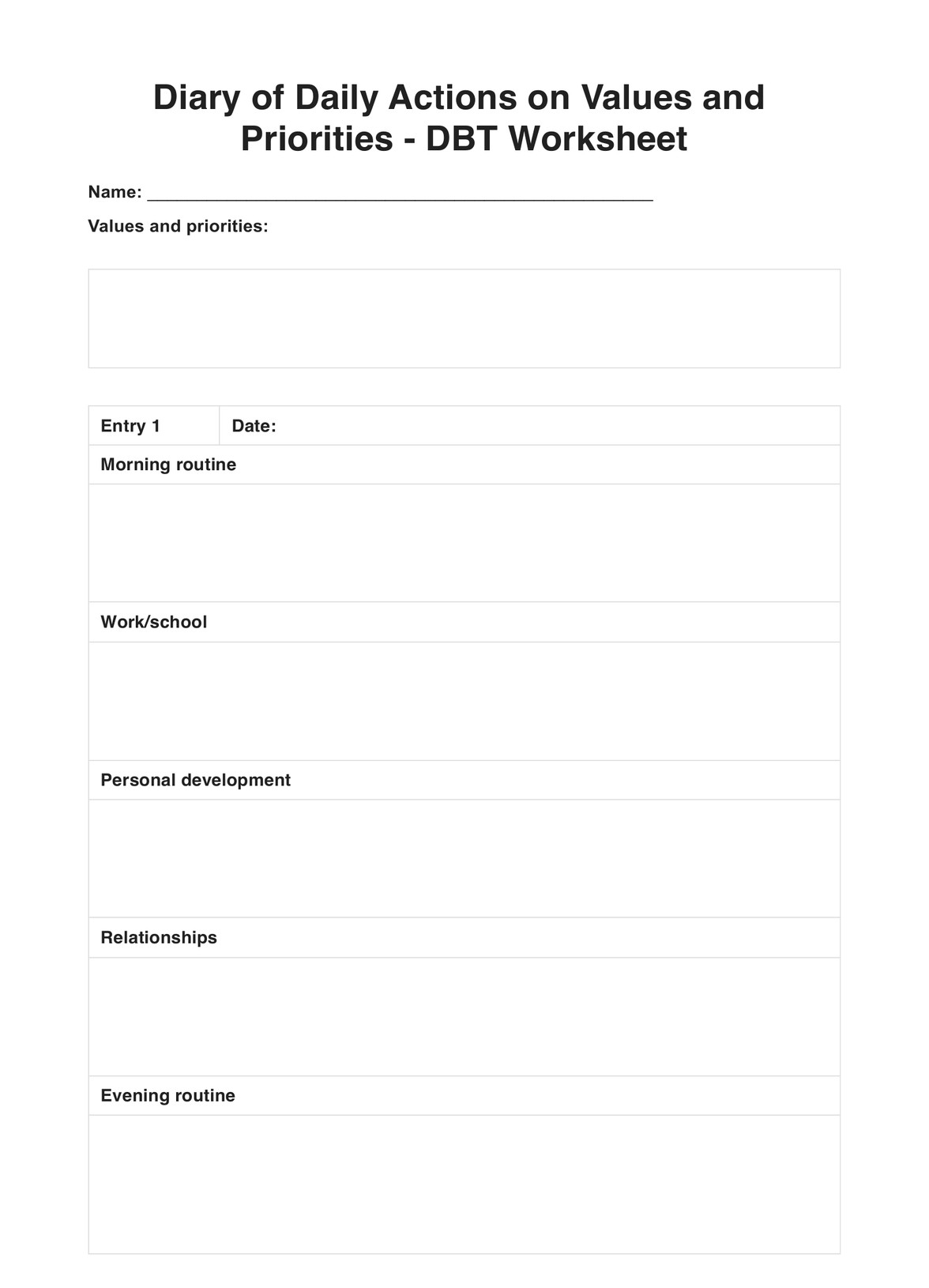 Diary Of Daily Actions On Values And Priorities DBT Worksheet Free PDF Download