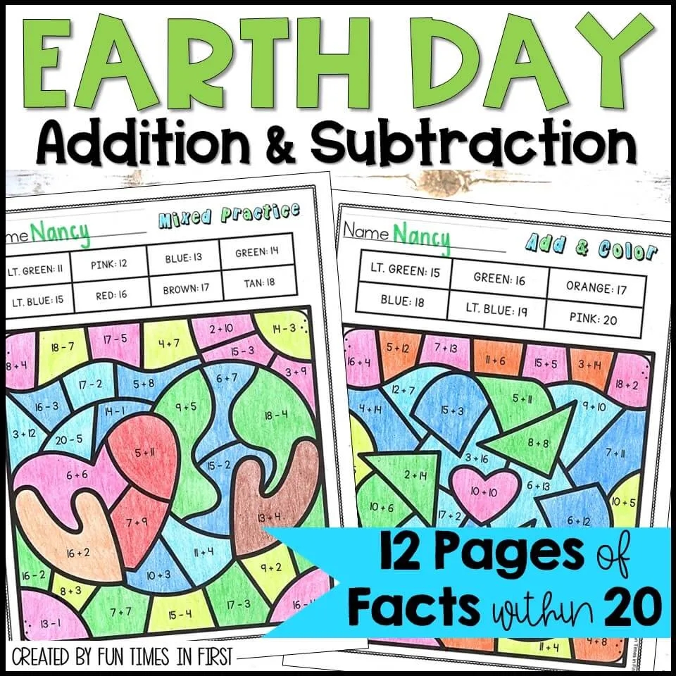 Earth Day Color By Code Math Worksheets Addition Subtraction To 20 Fun Times In First Earth Day Color By Code Math Worksheets Addition Subtraction To 20 Fun Times In First